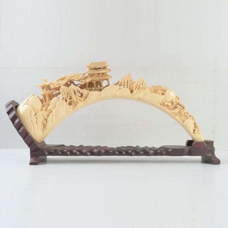 中国 河馬牙製 楼閣山水透かし雕 床飾 置物 唐木台付 V 9341