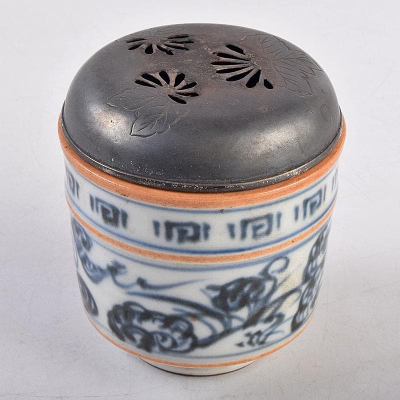 茶道具　京焼　滝口加全作　染付山水文　香炉　透かし火屋付　M　R8878