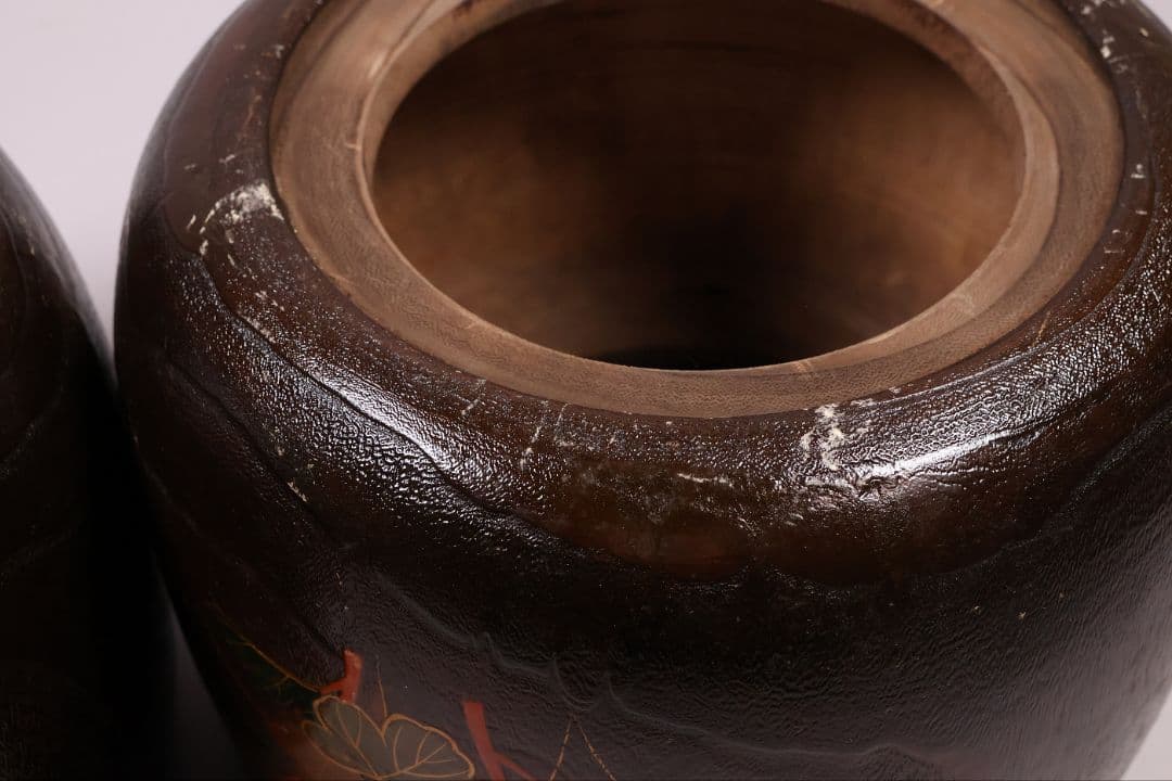 桐火鉢一対 菊蒔絵 草花 木箱入り 手あぶり 古民具 漆芸 茶道具【MB55