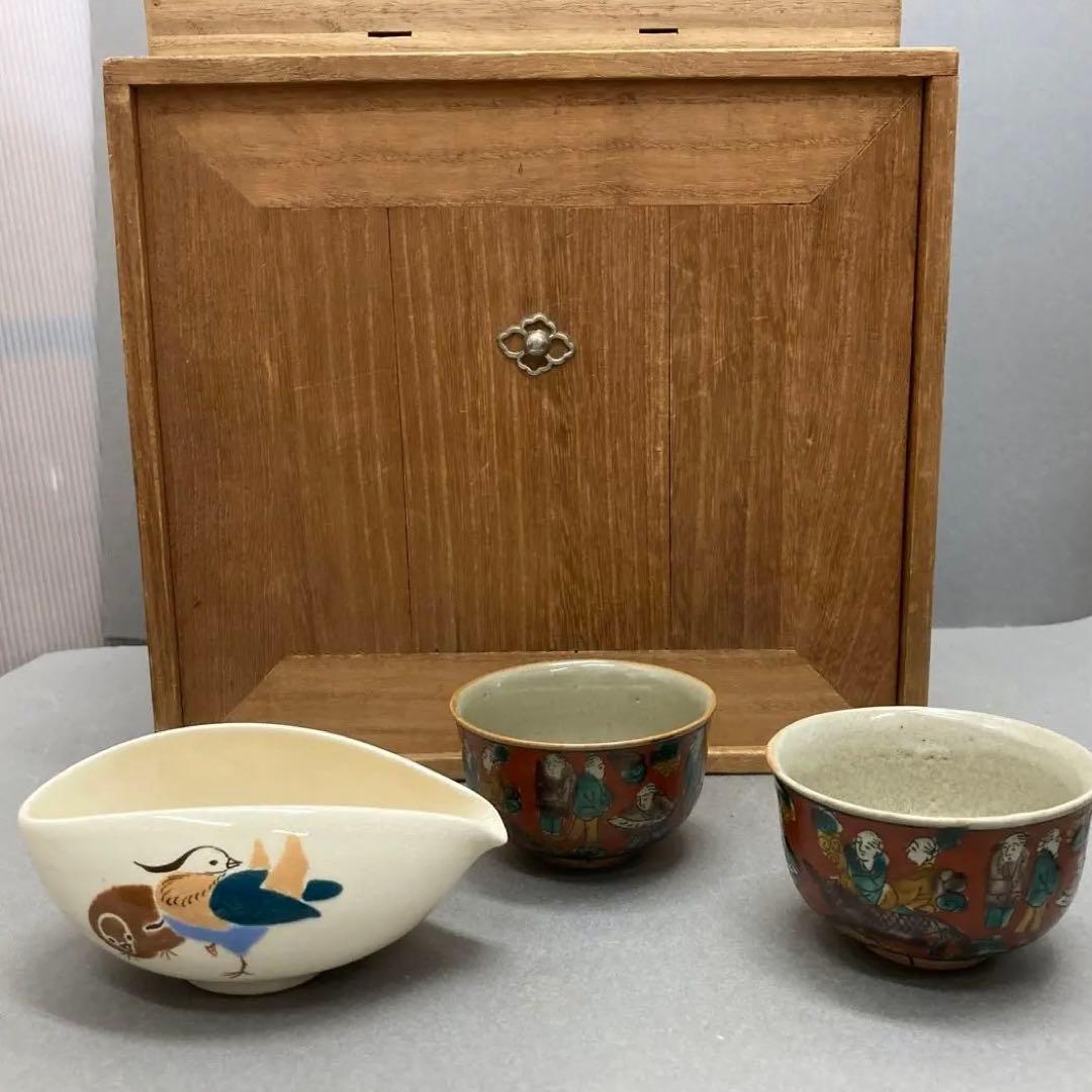 茶道具 煎茶揃 急須 蓋カラクリ、茶入、茶碗3、鉢、盆 旅箪笥 共箱 S70ST