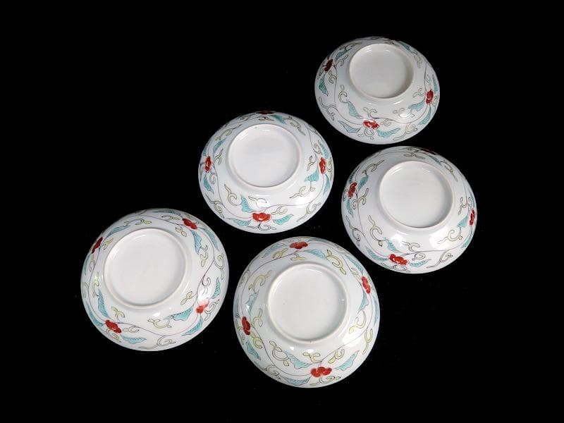 古伊万里　色絵　漢詩に竹笹の図　４寸皿　５枚　C723AS-CAm