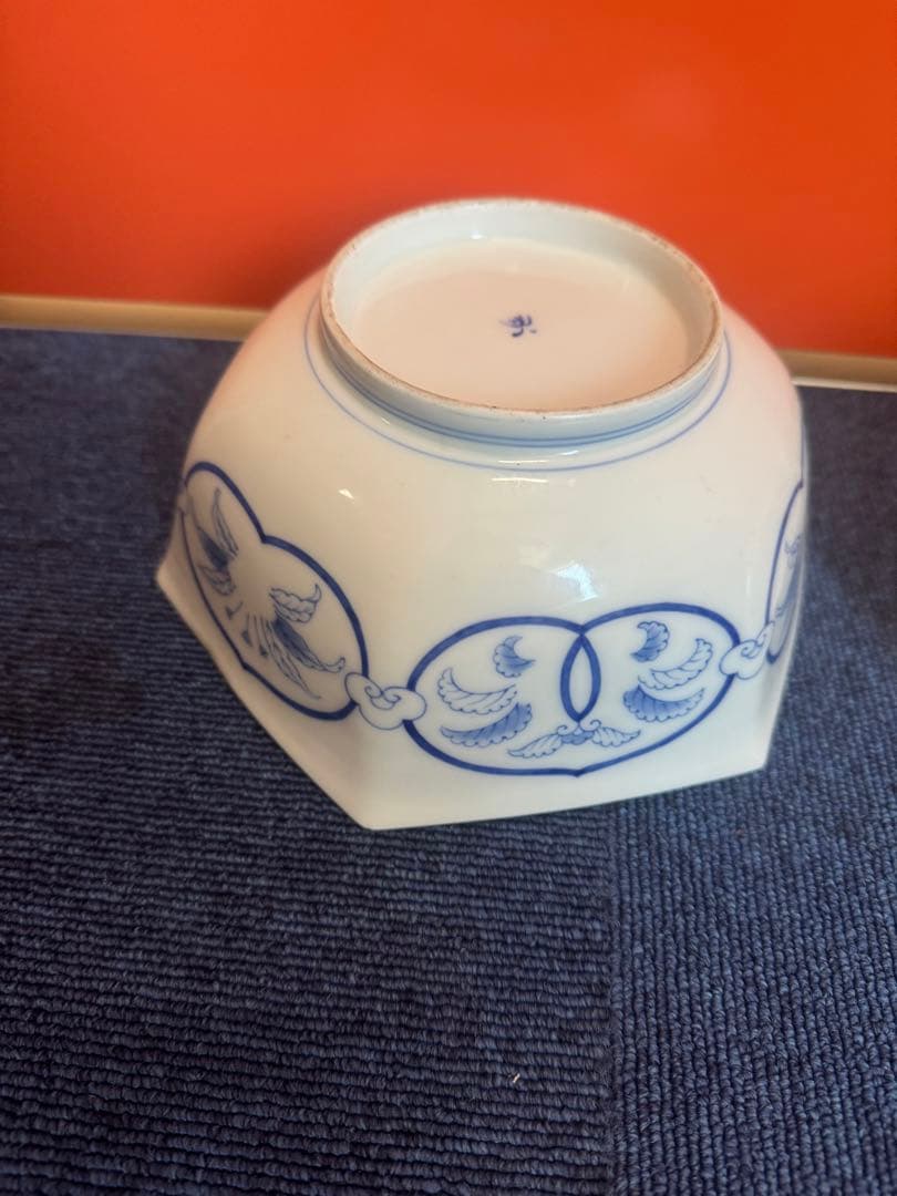 1885 香蘭社 染付鳳凰文 六角深鉢 2客 時代物