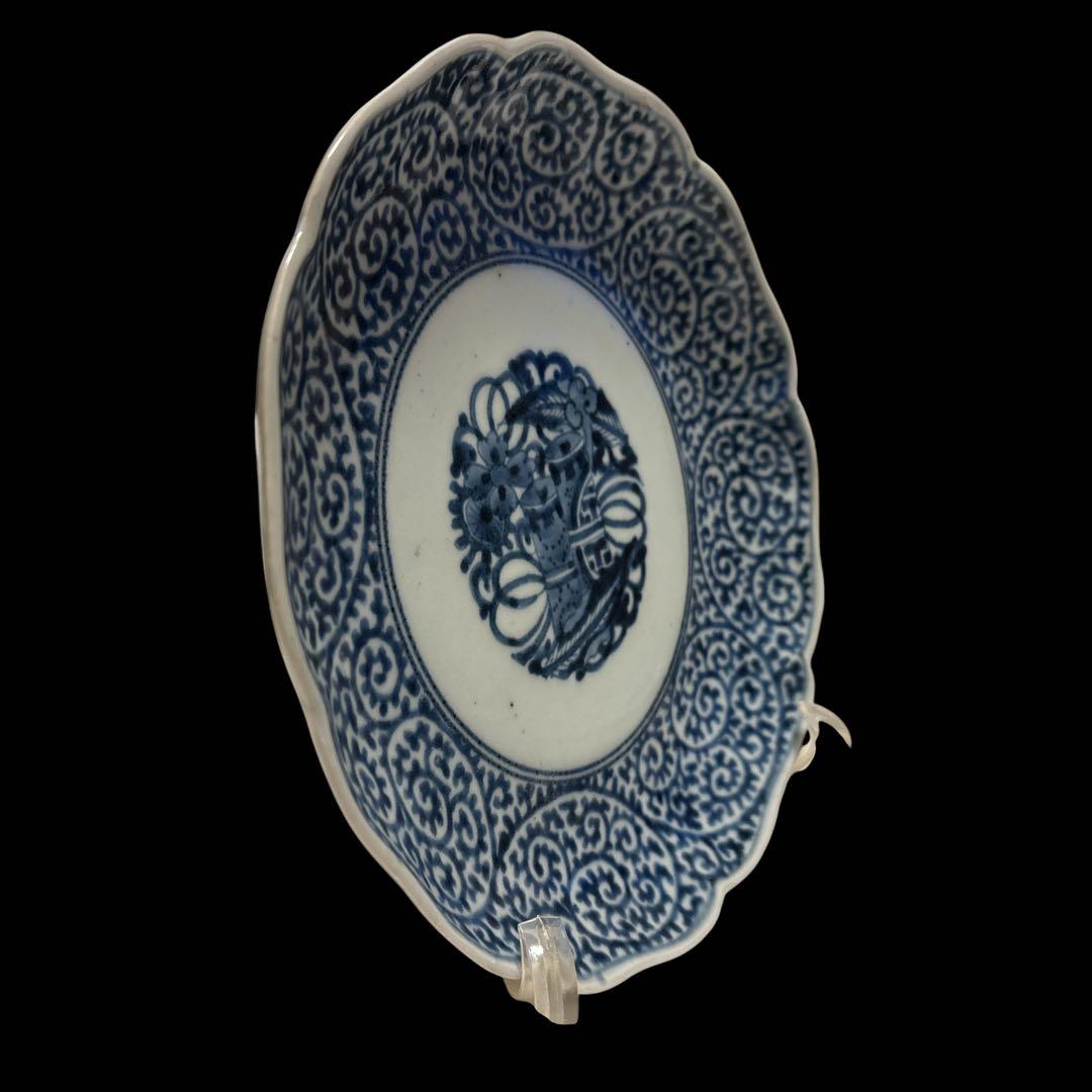 伊万里 有田 染付 印判 輪花皿 宝尽し丸文 見返し蛸唐草 高台内目