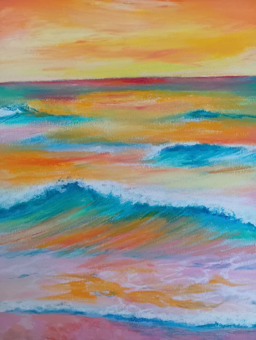 夕焼け 海の風景 オイルパステル 夕陽に輝く海 パステル画 原画