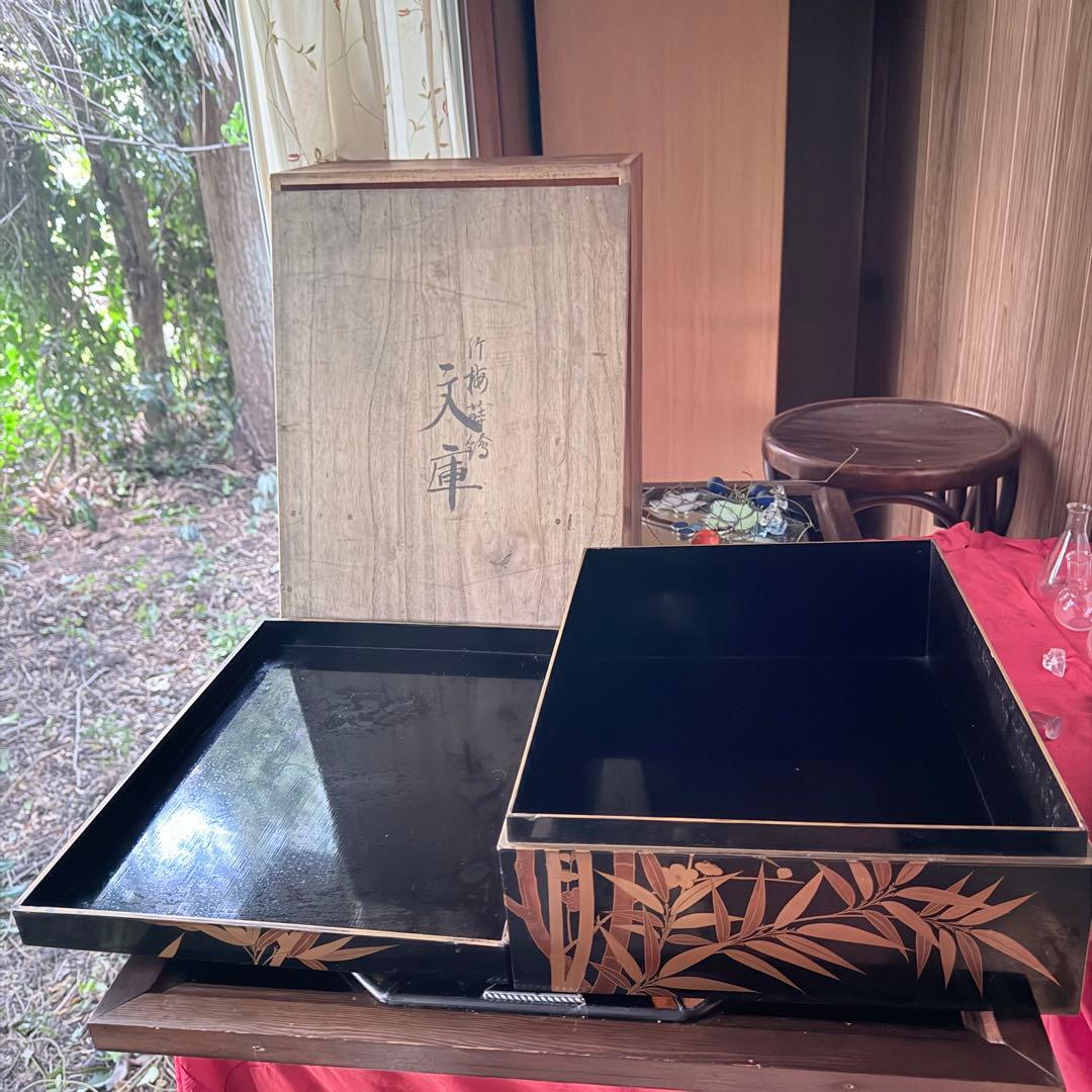 新春特別価格 ‼️JAPAN蒔絵天然木本漆 竹梅蒔絵　文箱料紙箱桐箱黄布付1客