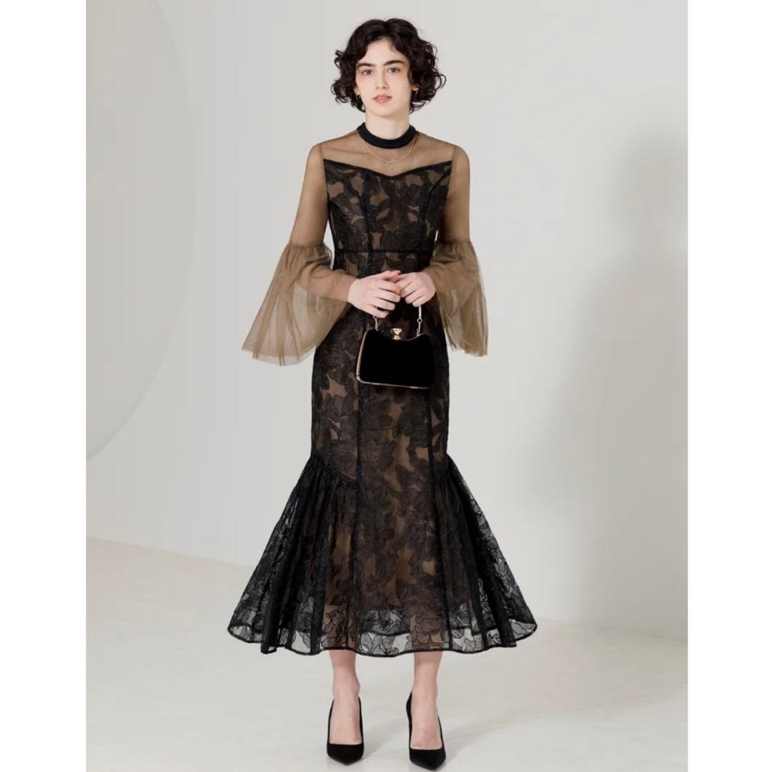 極美品 Leja レジャ 結婚式 マーメイドロングドレス 黒 S 1度着用 完売 Leja レジャ 2WAYレース花柄オフショルダースパンコールマーメイド