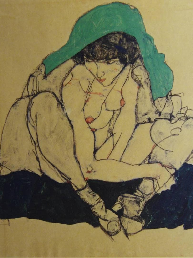 エゴン・シーレ、【緑の頭巾をかぶってうずくまる女】、希少な画集画