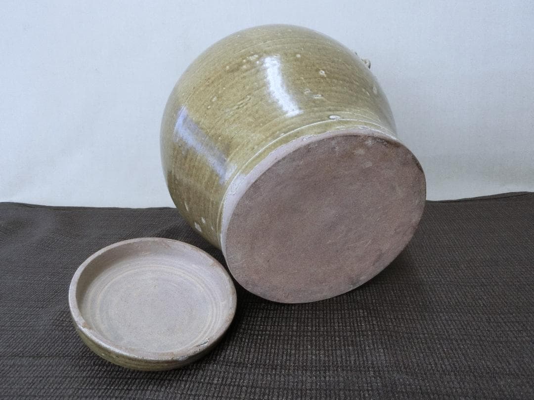 緑釉壷 蓋付 双耳壷 獣高盛文様 中国・FK】◇古董 鑑賞