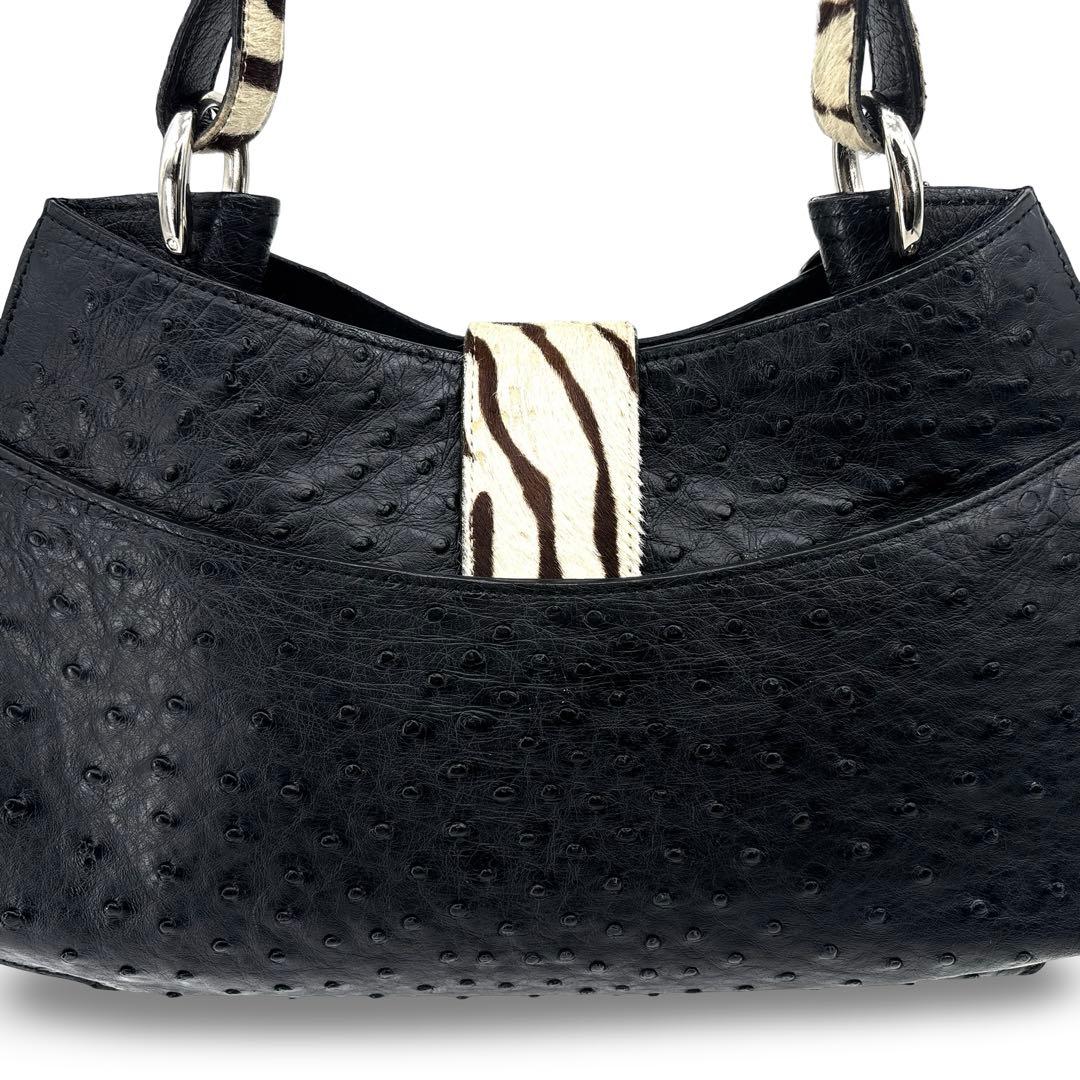 【極美品】JRA認定　ハラコ　オーストリッチ　ハンドバッグ　レザー　革　黒