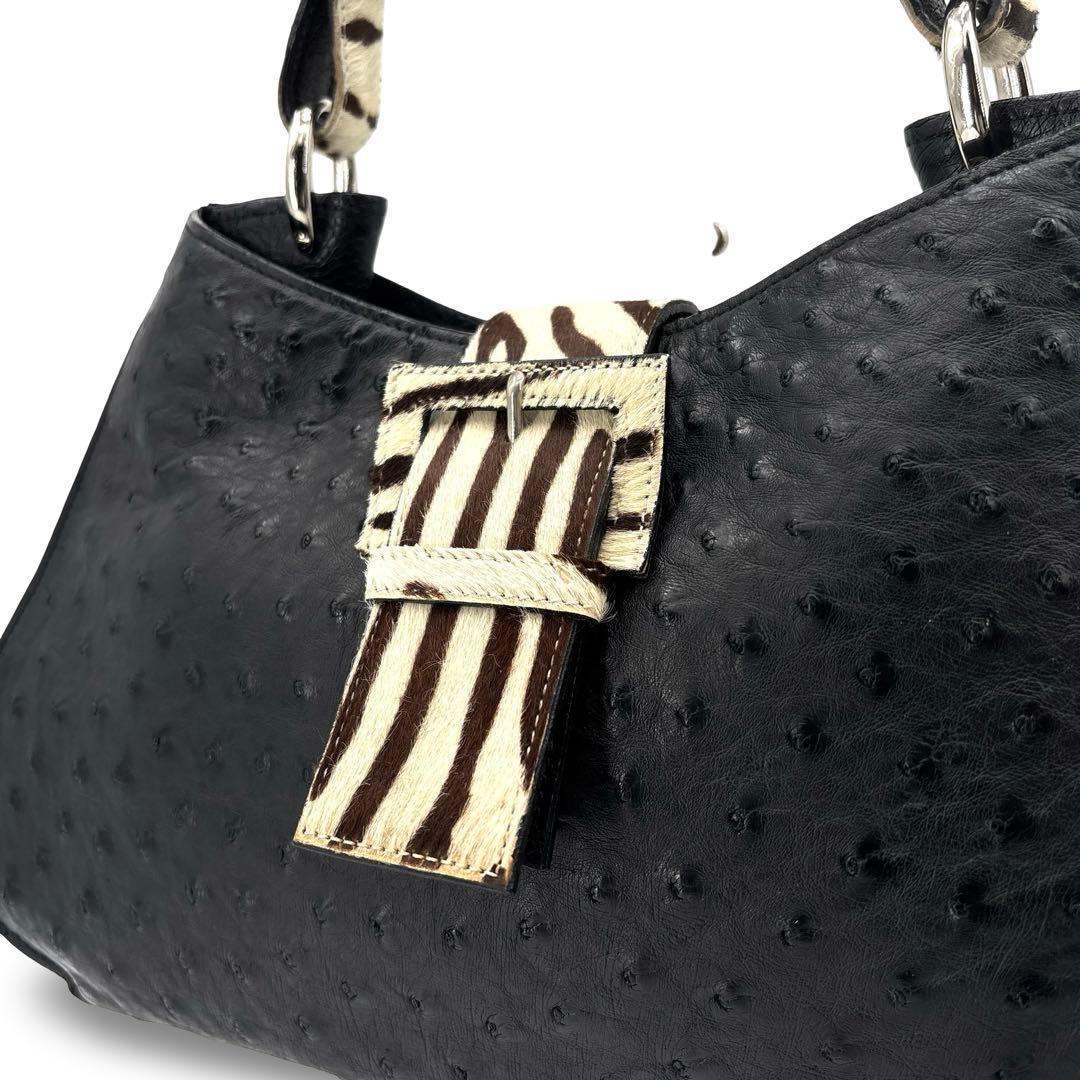 【極美品】JRA認定　ハラコ　オーストリッチ　ハンドバッグ　レザー　革　黒