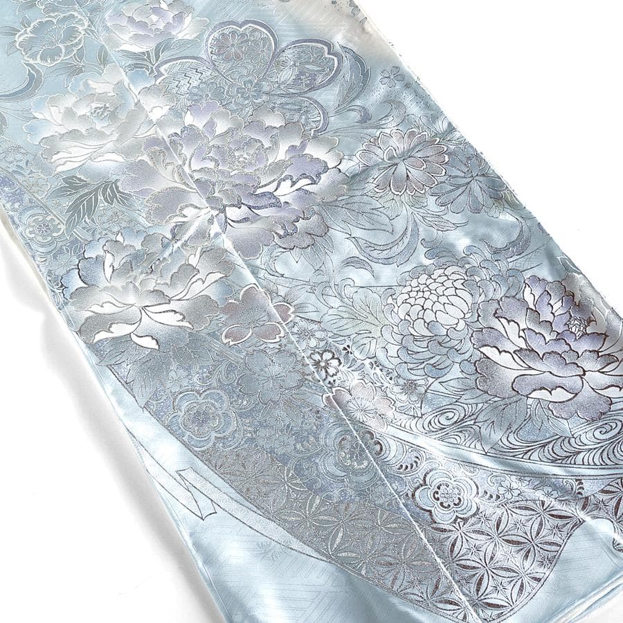 専用 ご予約 振袖 未仕立て 仮絵羽 アイスブルー 牡丹 桜 熨斗目 銀彩