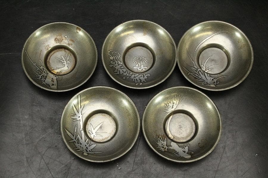 煎茶 丸盆 二件 茶器 錫茶托まとめて(ZE423)