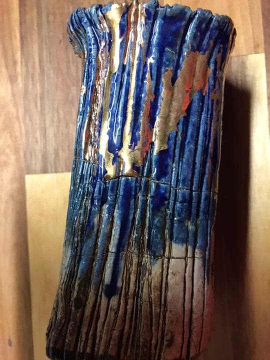 韓国インスドン女流作家蝋燭立 釉薬コバルトと24金箔 前衛陶芸 銘銘有