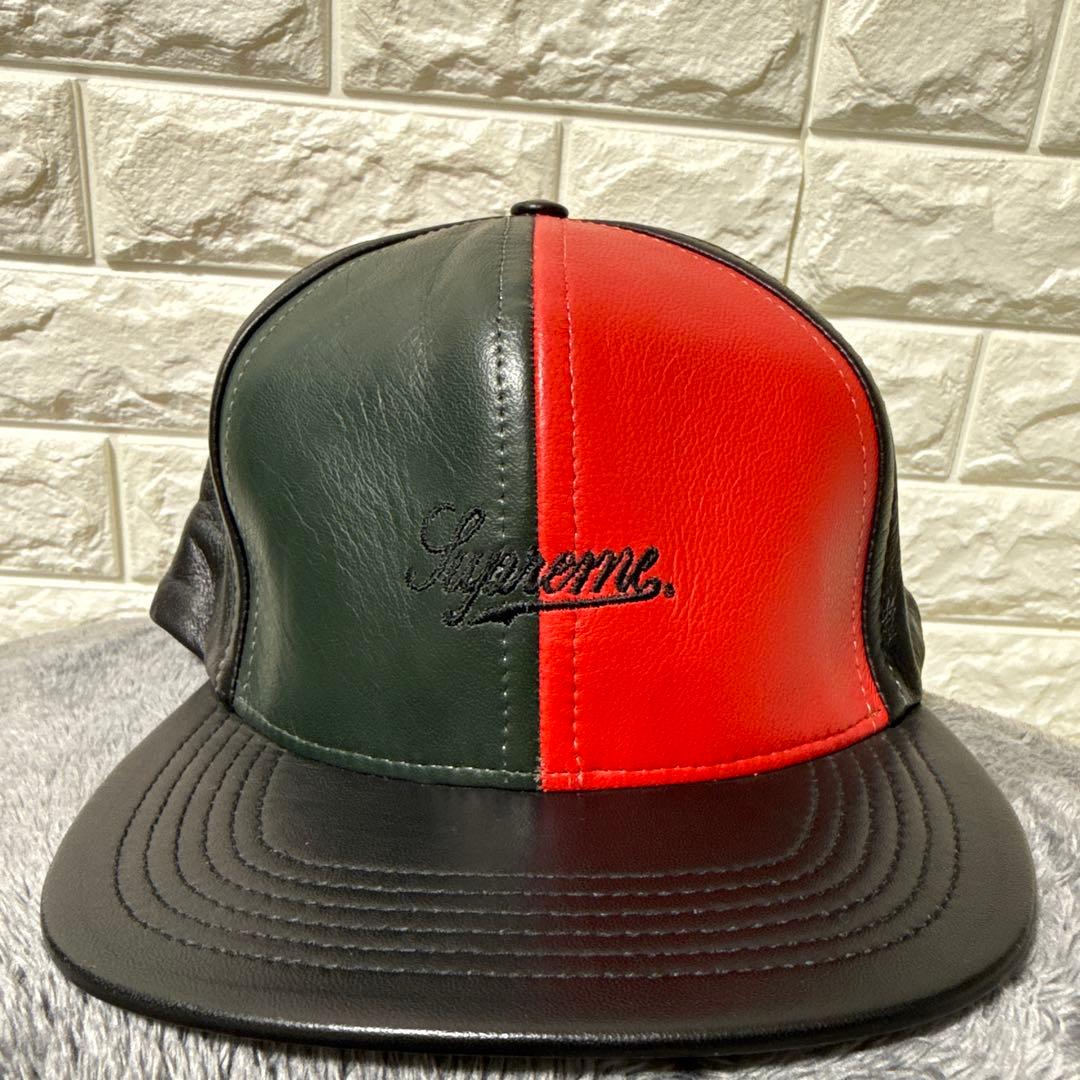 Supreme レザー ベースボールキャップ グリーン/レッド - メルカリ