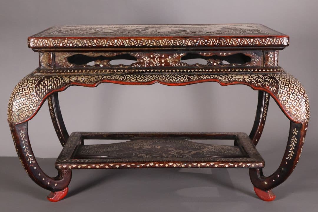 【MA732】時代 中国美術 人物文 螺鈿細工 二段卓 花台 木製 香炉台