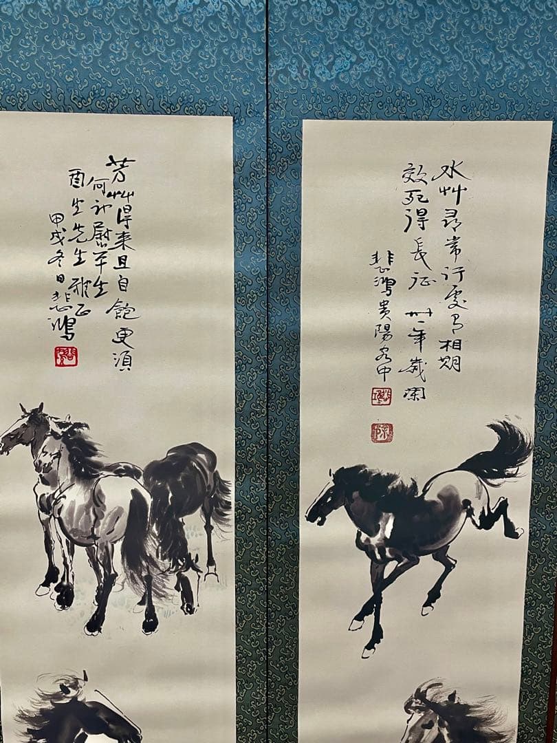 中国美術品・名家手描き駿馬彩畫4條塀掛軸・水彩畫・徐悲鴻印款・