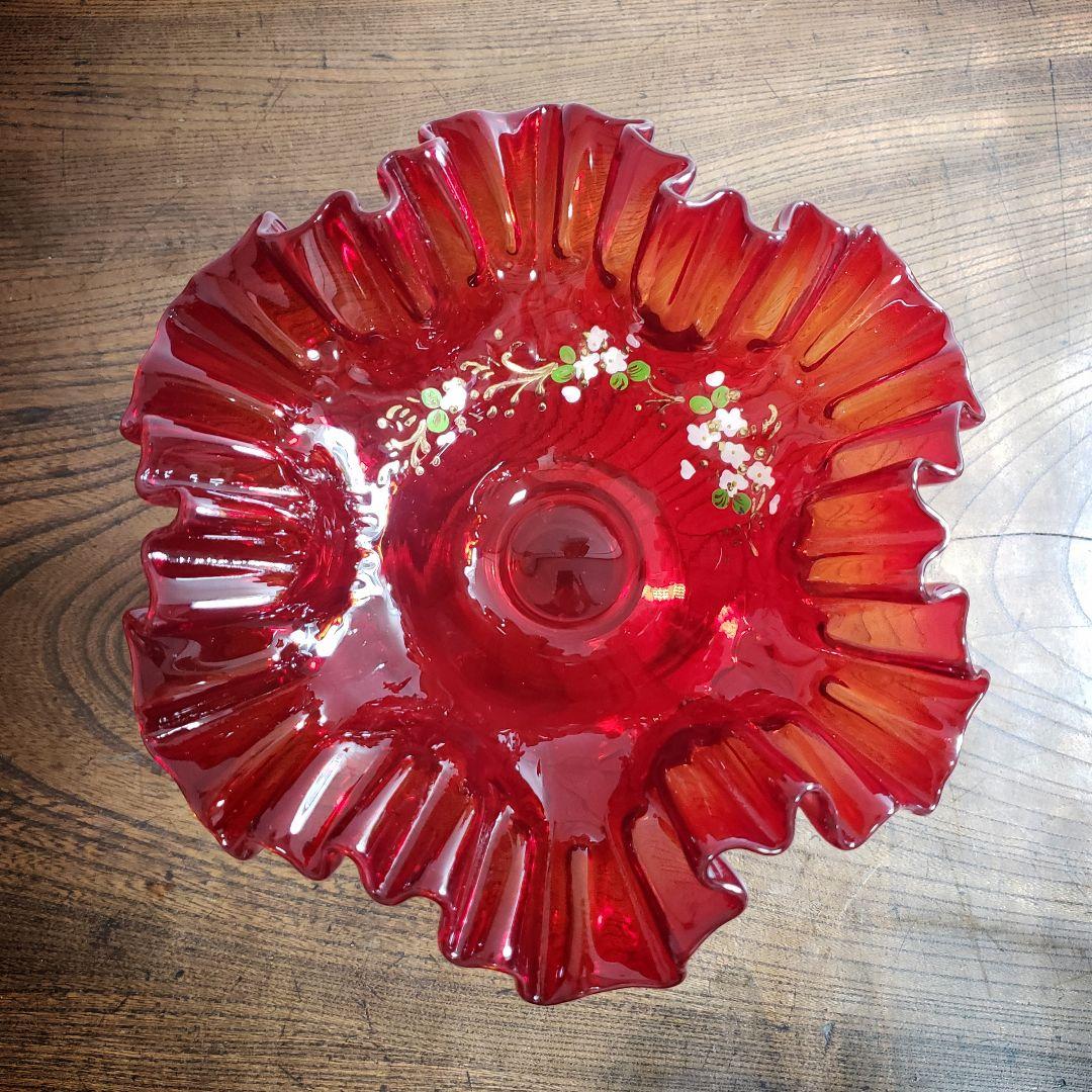 デザートグラス氷コップ色ガラス輪花ウランガラス色絵付明治大正