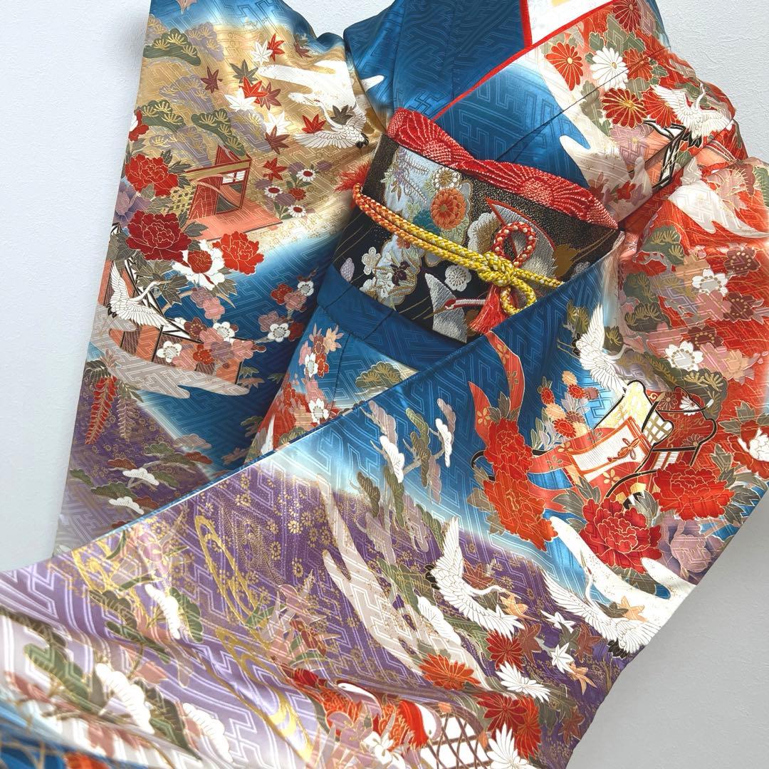 振袖フルセット 鞠草花文 銀通し 金駒刺繍 暈し染め 正絹 使用1.2回美品 赤