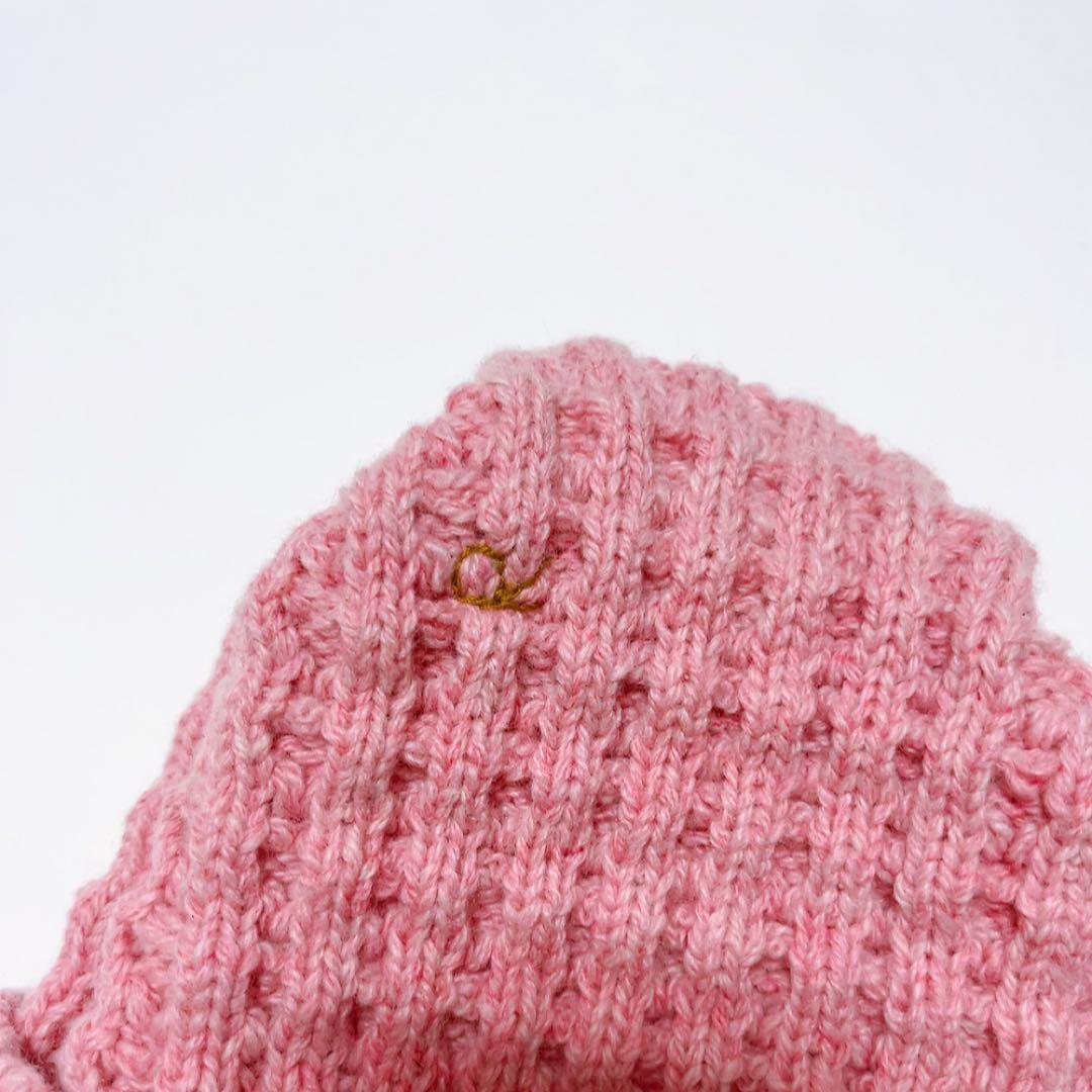 美品45R カシミヤビッグワッフルのニット帽 ピンク フリーサイズ ユニ