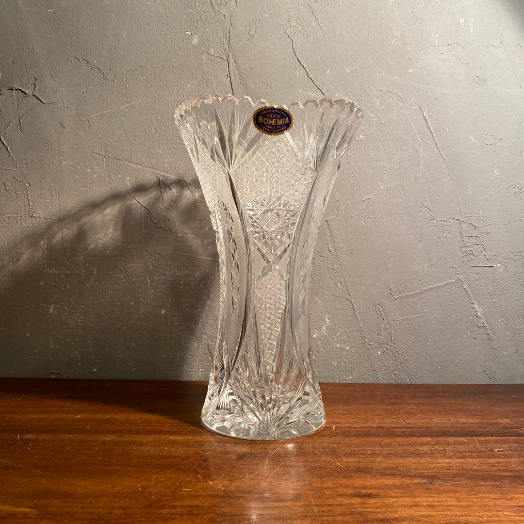 チェコスロバキア製 ボヘミアクリスタル フラワーベース 箱付き 25cm