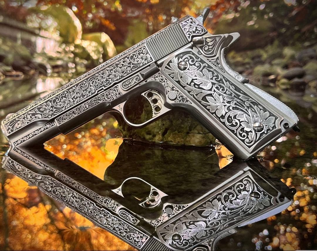 1911タイプ対応 グリップ周辺 装飾パーツ ステンレス製 巻草彫刻 工芸