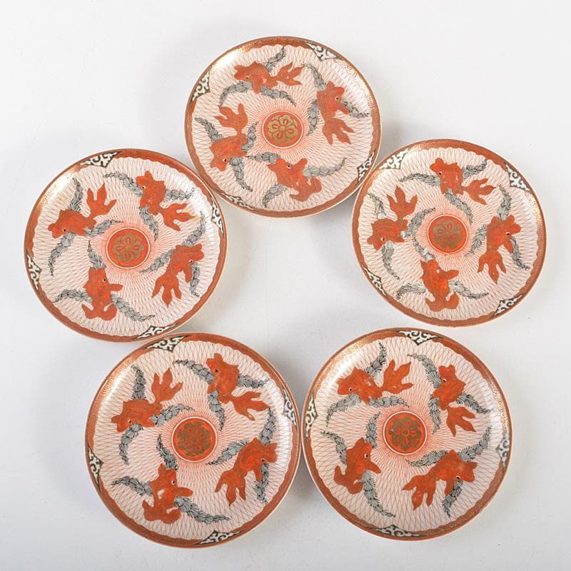 りんぞう様専用 赤絵八郎手 金魚文 手塩皿 小皿 五客 時代箱 D