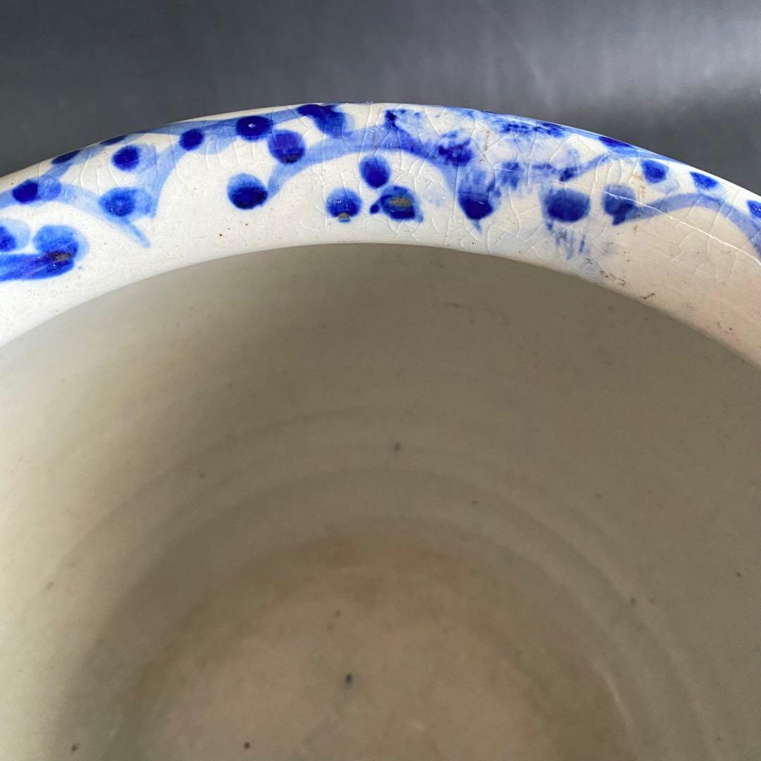 信楽焼 壷久郎作 染付蛸唐草 メダカ鉢 睡蓮鉢 水鉢 直径24cm