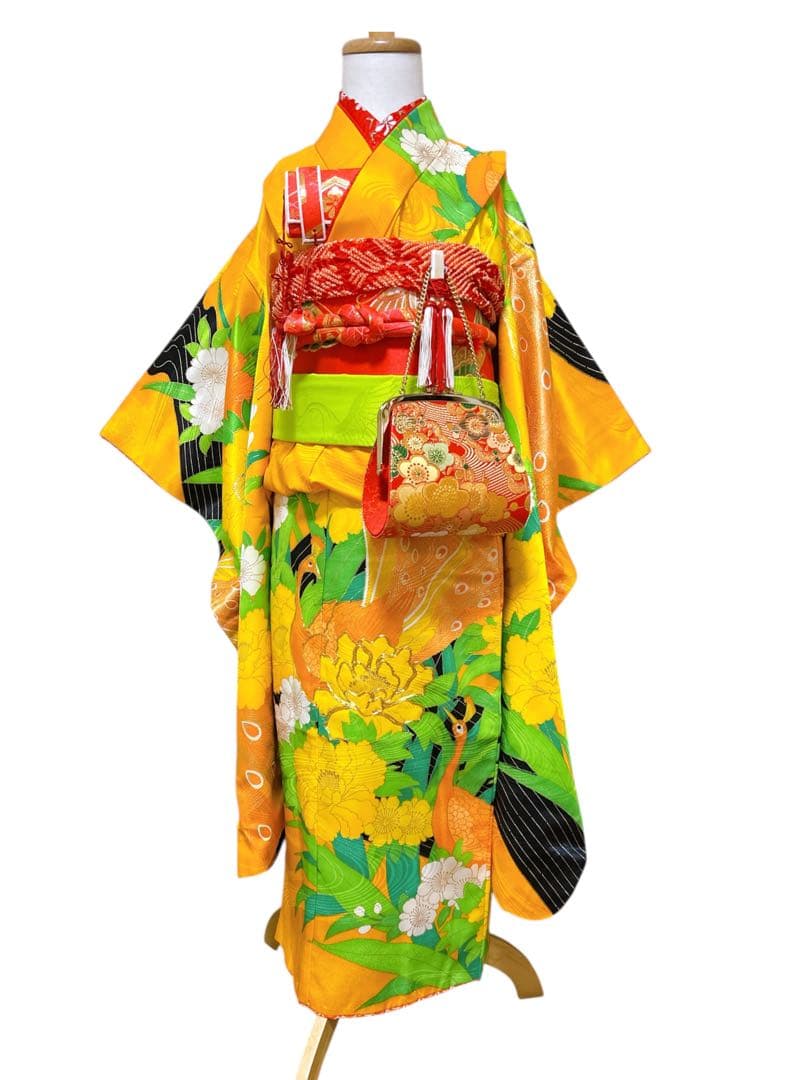 レトロ着物♡七五三　7歳　女の子　フルセット　一式　山吹色　孔雀