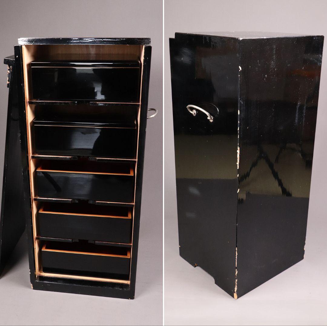 輪島塗 桐家紋 黒塗内朱塗 五段重 堅地布着 重箱 金蒔絵 木製 【MA357】