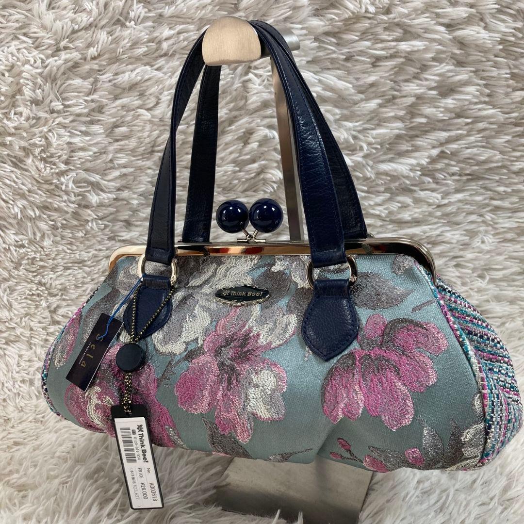 未使用タグ付 ThinkBee！ゴブラン織 ノクターンローズ がま口ハンドバッグ