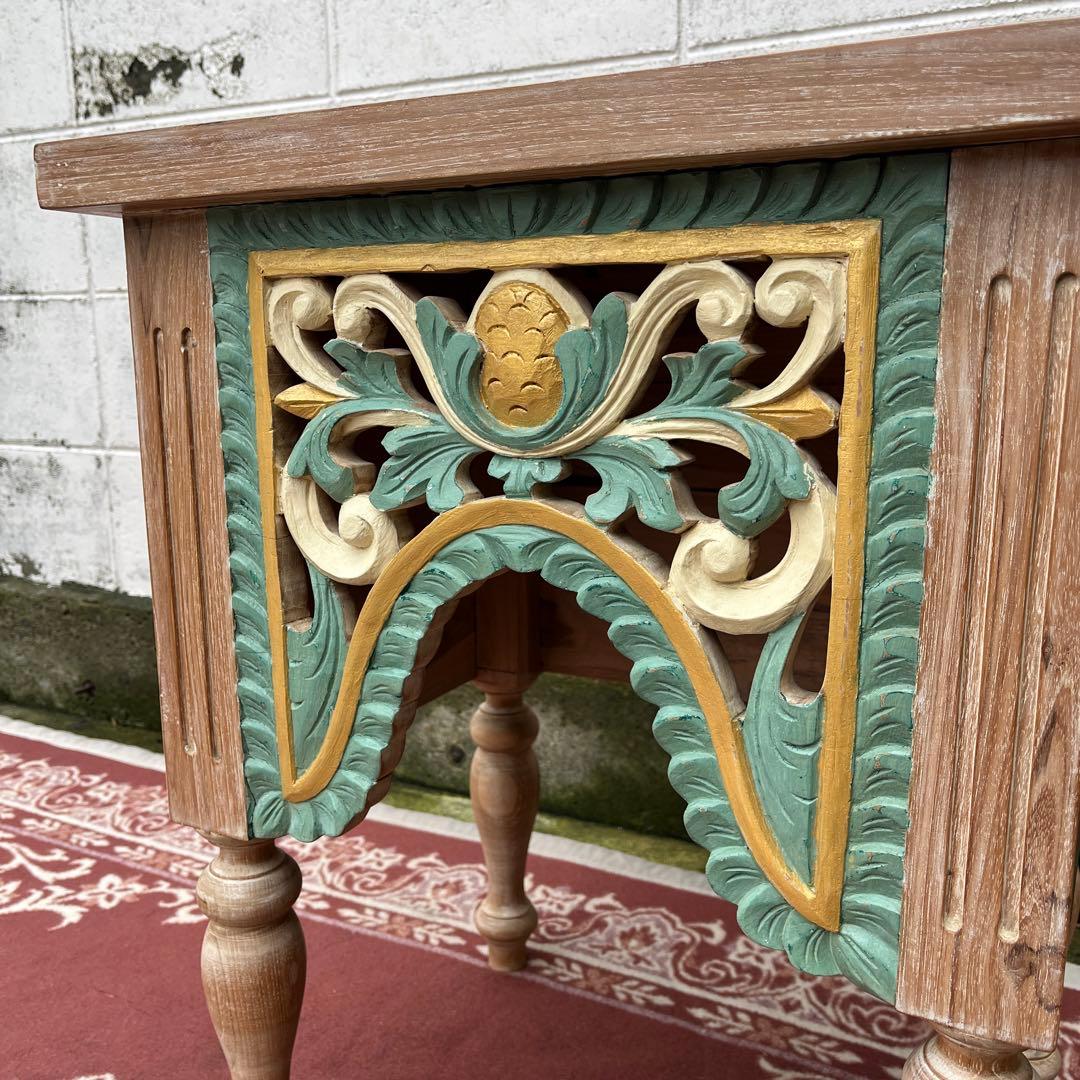 木製無垢材 チーク材◾️彫刻デザイン サイドテーブル 飾り台