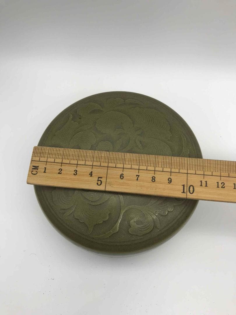 北宋～金時代 青磁貼花唐草紋合子 文房香合 耀州窯 朱泥