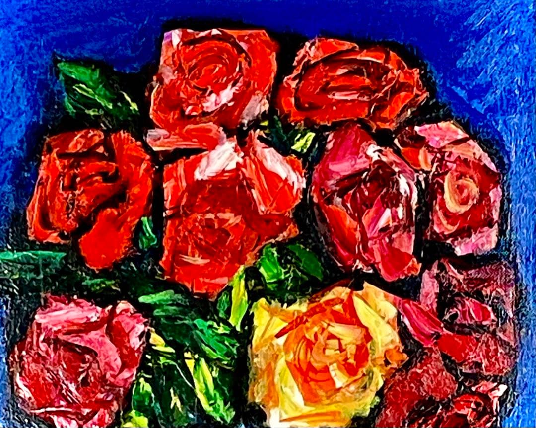 【mさま専用】中川力真作「ばら」油彩6号　サイン・裏書　力強い筆致と鮮やかな色彩