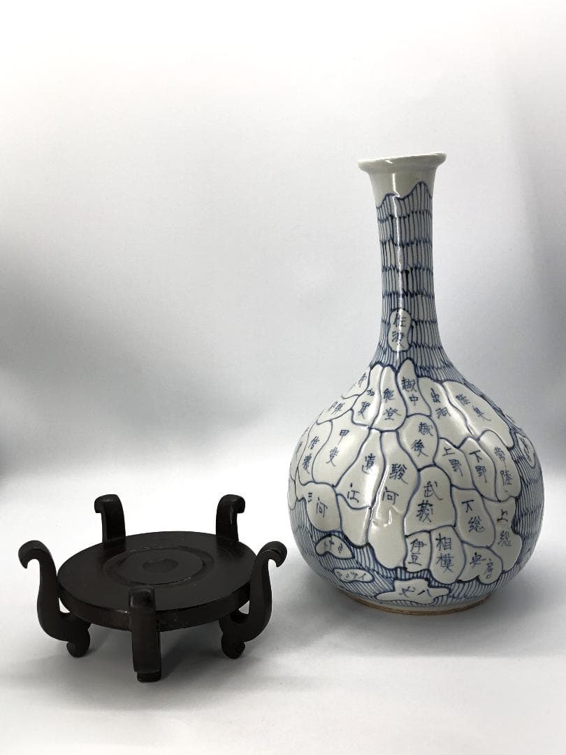 日本六十余州図染付 鶴首瓶 】 伊万里焼 江戸～明治時代