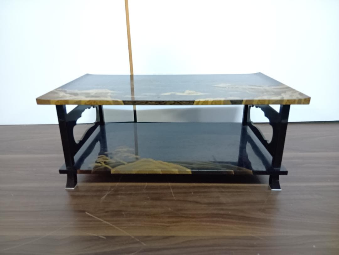 輪島塗 蒔絵師 久世宗春 山水金蒔絵 冠卓 二段卓 花台 黒塗 共箱