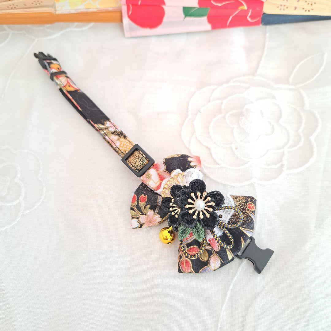 つまみ細工ダブルリボン(黒)わんちゃん猫ちゃん用首輪 和風つまみ細工
