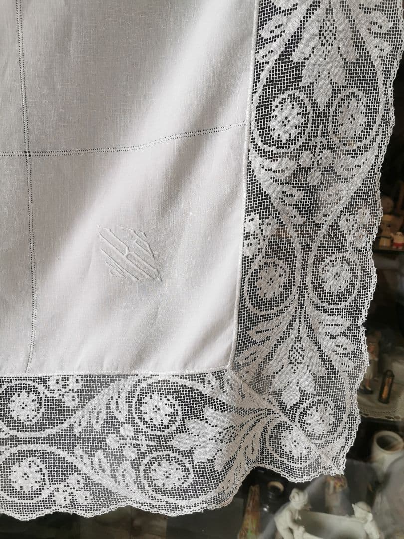 アンティーク 滑らかな細番手リネン フィレレース＆格子ドローンワーク