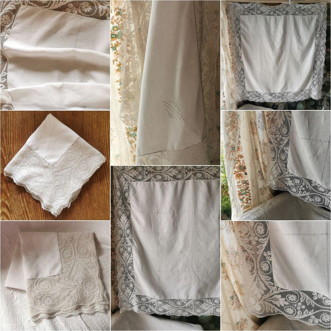 アンティーク 滑らかな細番手リネン フィレレース＆格子ドローンワーク