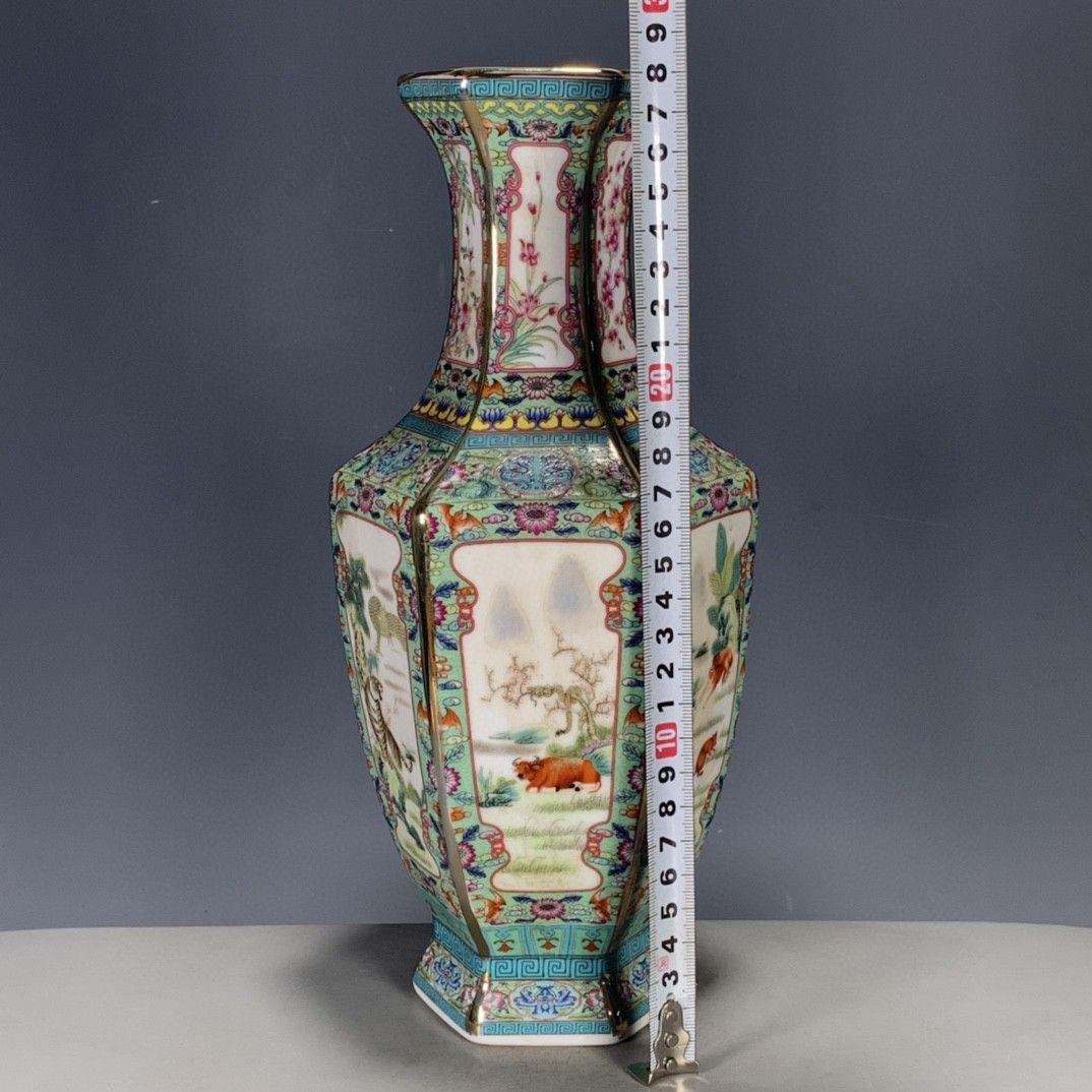 パステルとエナメル花動物六角花瓶 景徳鎮 陶磁器 装飾品 工芸品 美術品 置物