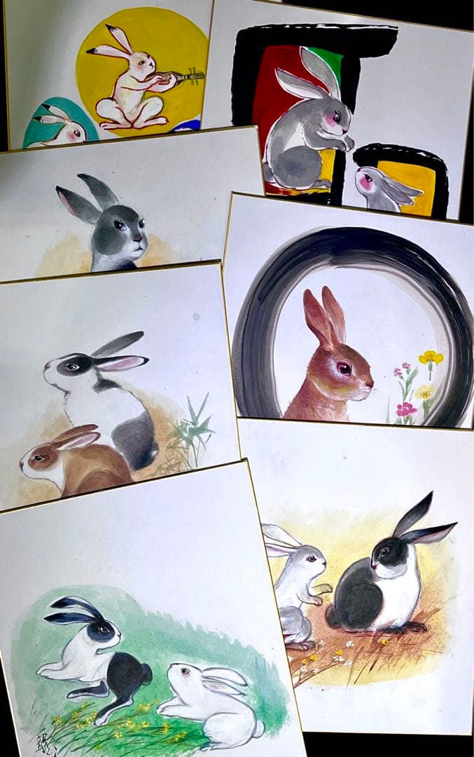 中国著名画家：李庚画伯の肉筆色紙作品（2枚）と芸大先生の