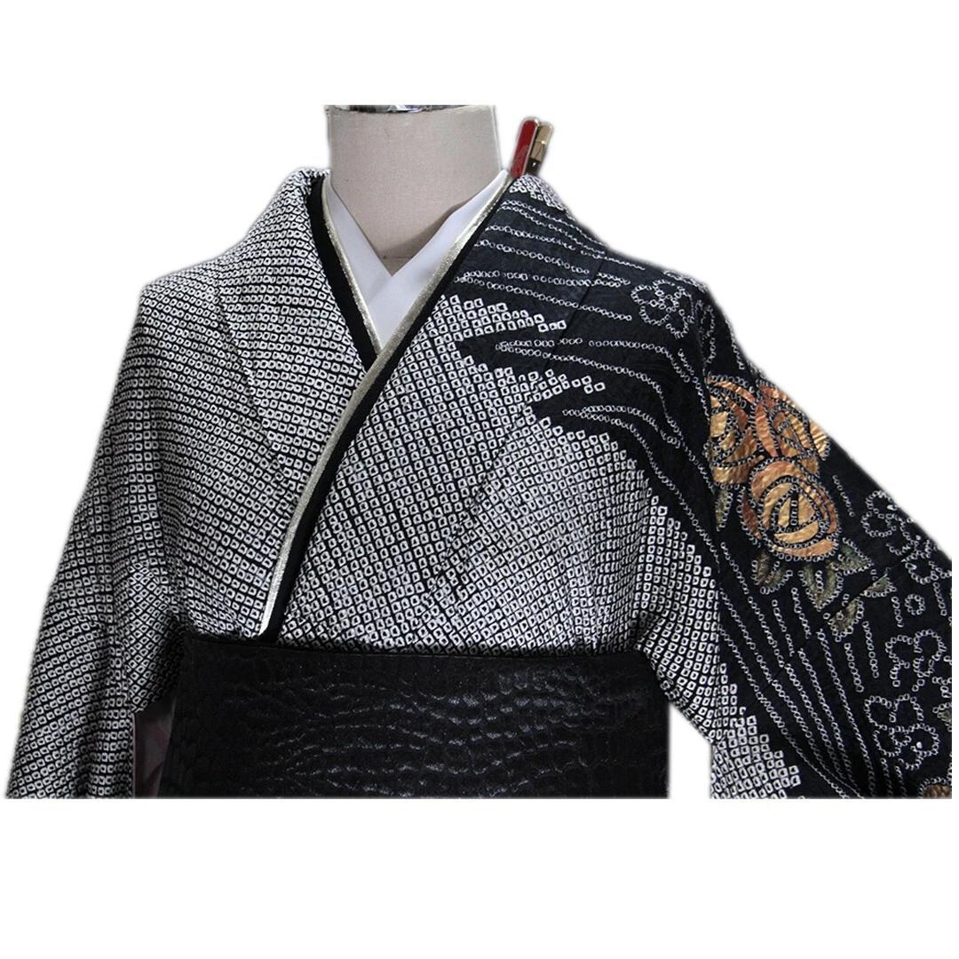 総絞り黒振袖7点セット□166.5cm帯新品帯締め帯揚げフルセット成人式