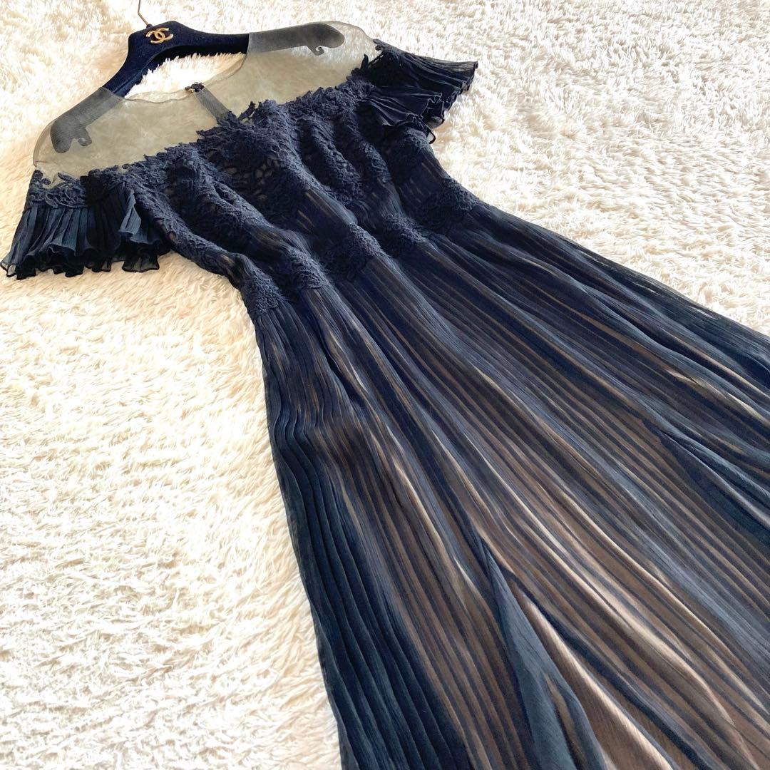 タダシショージ フラワー刺繍 シフォンプリーツワンピース カクテル