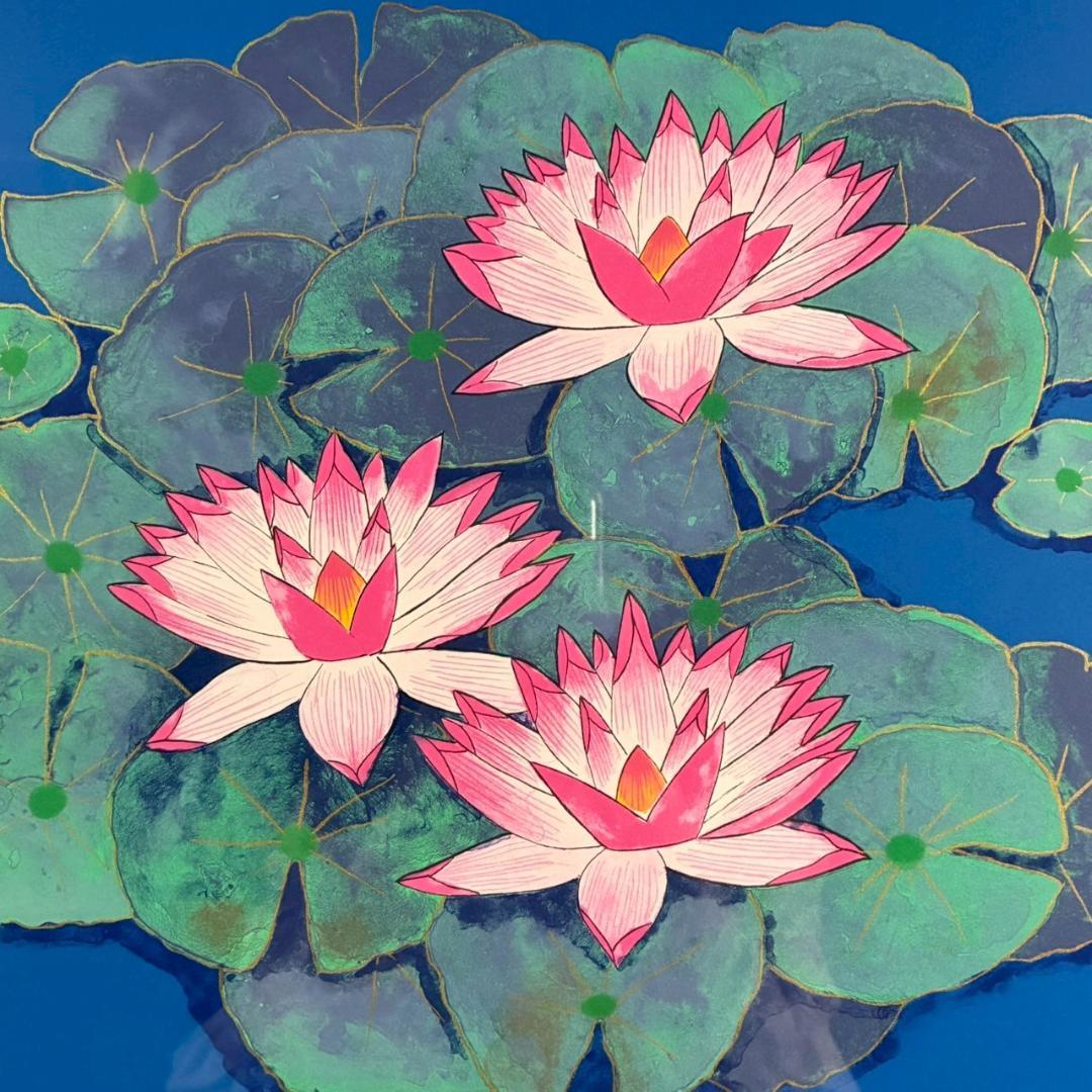 美品 平松礼二「池に舞う蝶」リトグラフ 大作 直筆サイン・印有 古径額 モネ