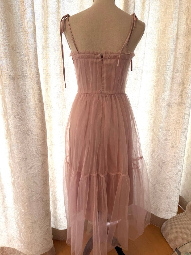 美品エレガントショルダーリボン ベルトデザイン ギャザー チュール Aライン