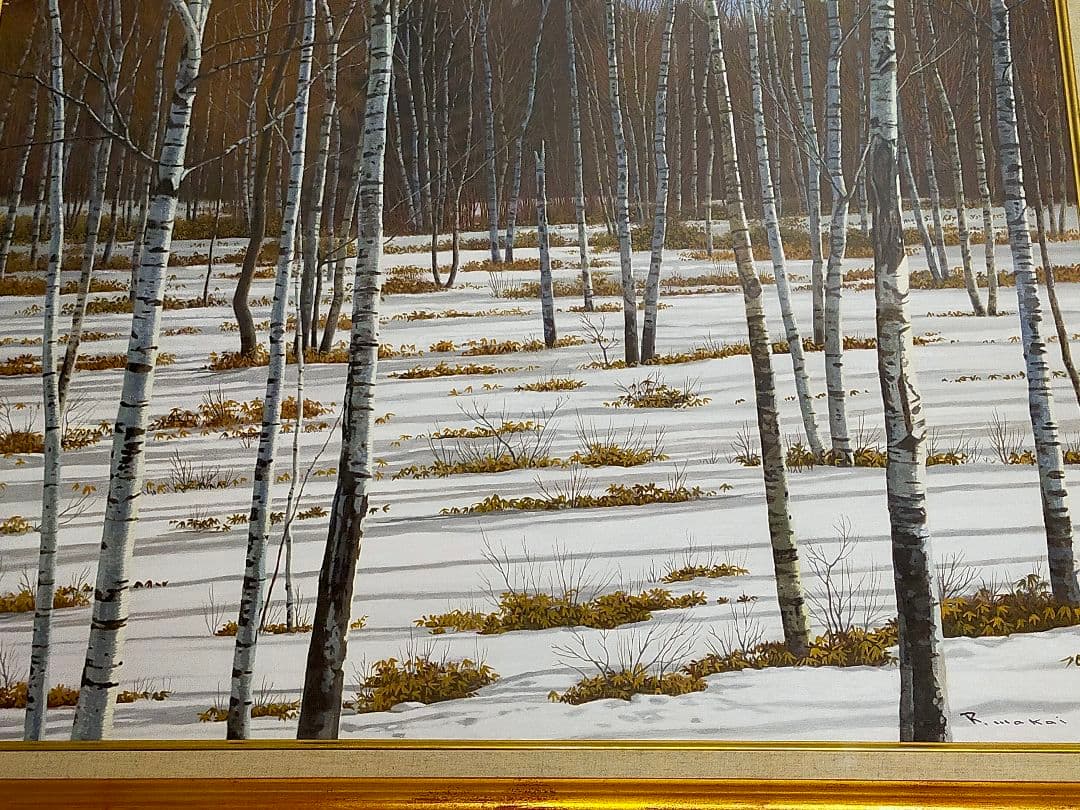 希少】若井良一「 雪の白樺林 」 大作 油彩 元三軌会員、文部大臣奨