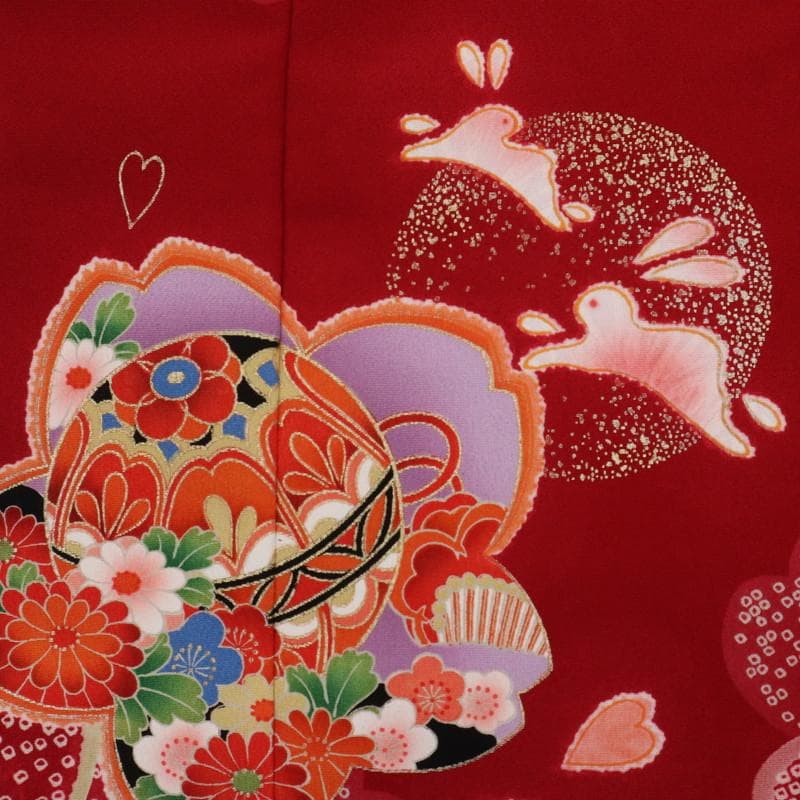 Oreo　七五三 七歳 着物 女児 花と毬 月兎模様 赤 化繊 11RR5