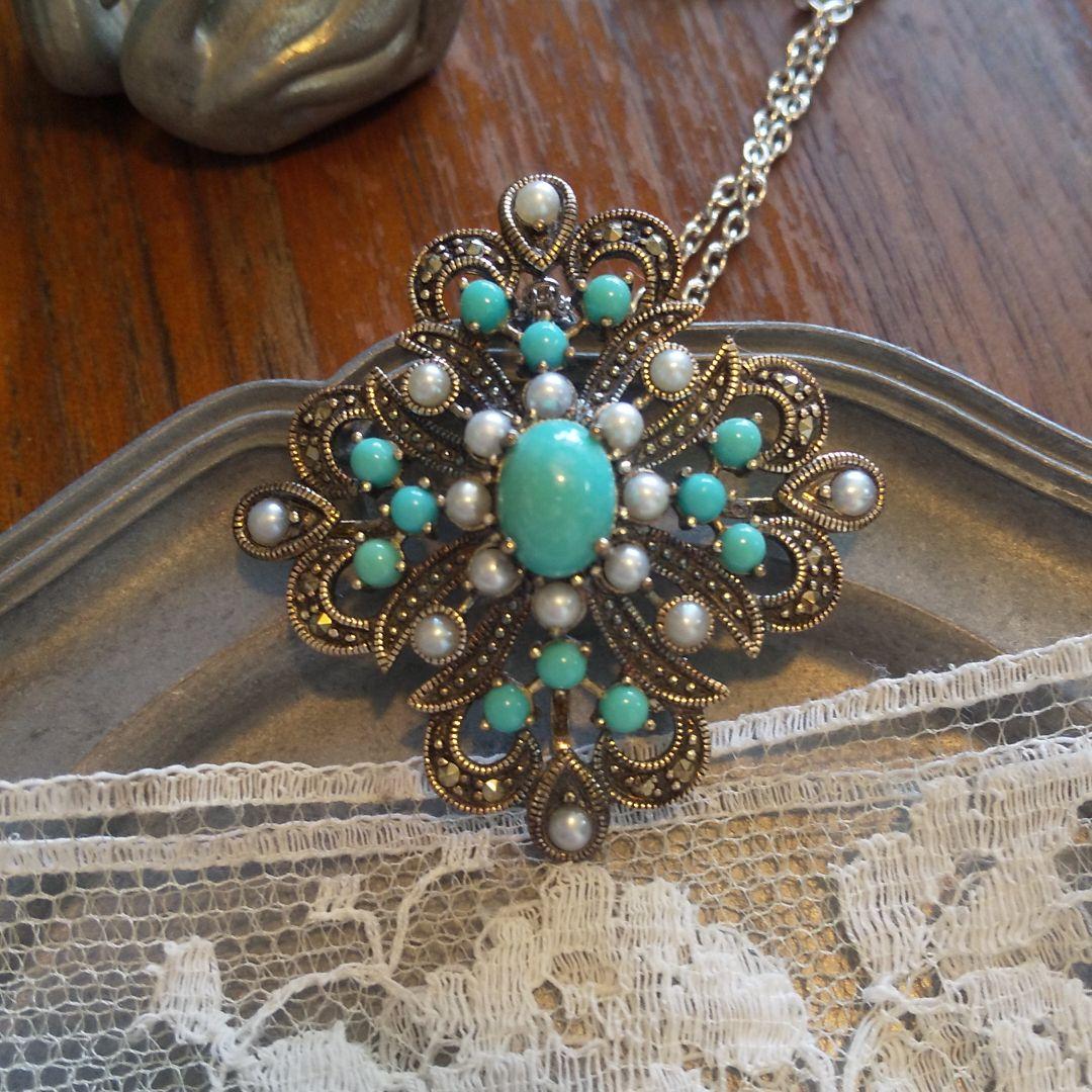 碌山トルコ石とシードパールのブローチ兼ペンダントトップ