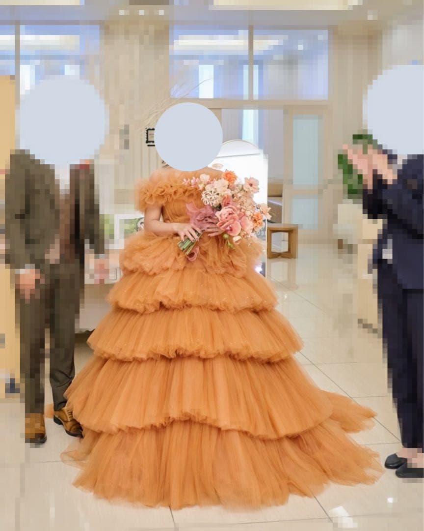 オレンジ ワンショルダー フリルドレス