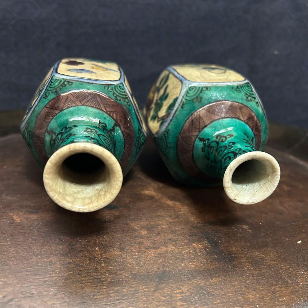 群馬県からの蔵出品 江戸〜明治期頃 青手面取窓絵九谷徳利 一対 無傷