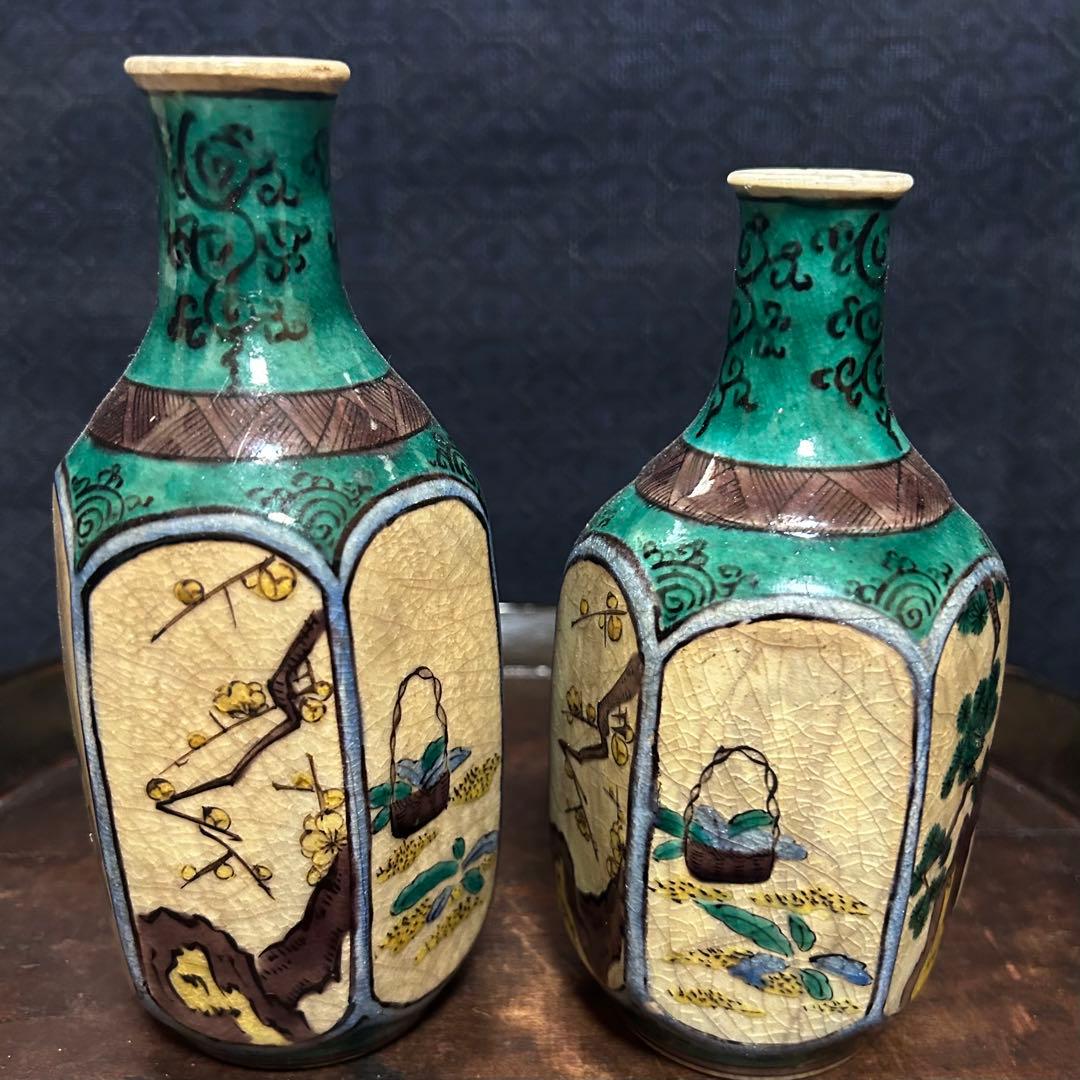 群馬県からの蔵出品 江戸〜明治期頃 青手面取窓絵九谷徳利 一対 無傷